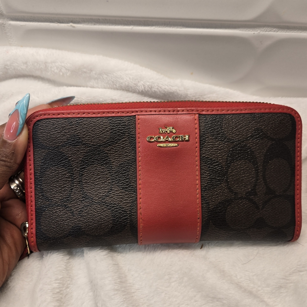 Coach Red and Brown Signature Zip Wallet